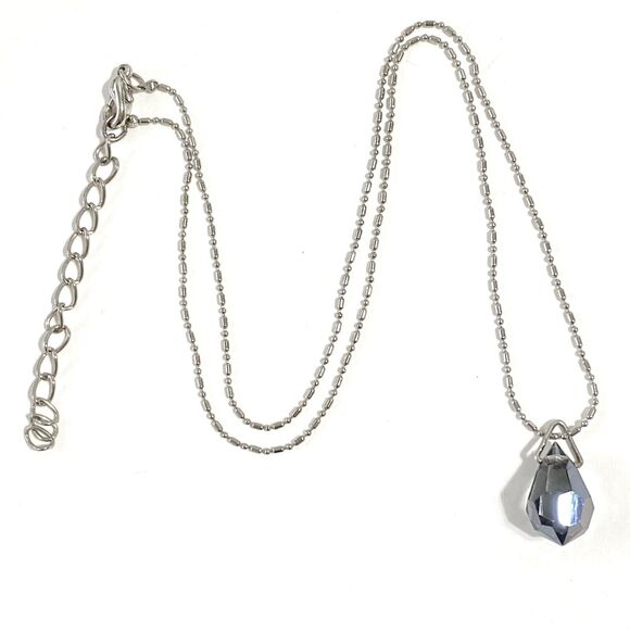 Gray Faceted Crystal Teardrop Pendant Necklace Silver Tone Dainty Chain 19” - Picture 1 of 9